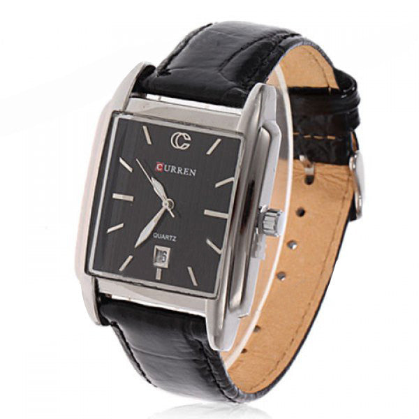 Men's Black Square Curren Leather Watch (Black 4cm Dial) - 8097 - CUR114