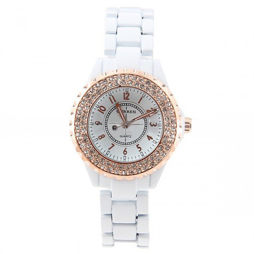 Curren Women's White Stainless Steel Waterproof Watch with Rhinestone Accents (White 3.2cm Dial) - CUR054