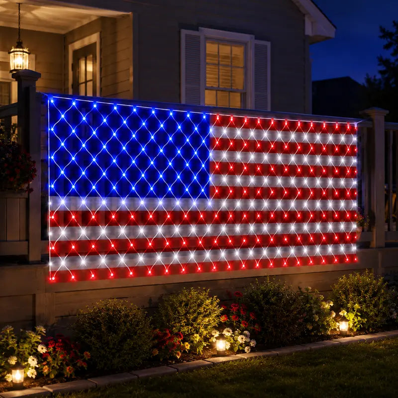๐บ๐ธ๐Solar American Flag Lights Outdoor American Flag Net Lights 6.5ft x 3.28ft Super Bright