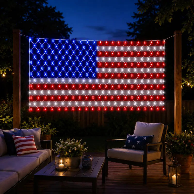 ๐บ๐ธ๐Solar American Flag Lights Outdoor American Flag Net Lights 6.5ft x 3.28ft Super Bright