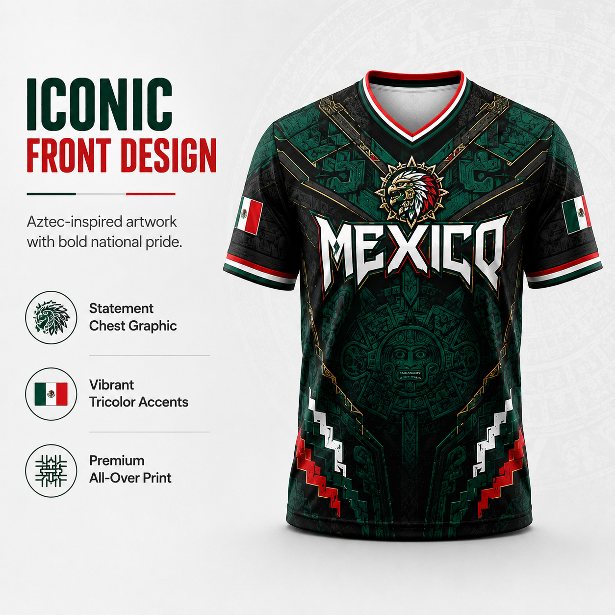 2026 New Mexico Eagle Warrior V-Neck Sports Jersey, Aztec Calendar Graphic Short Sleeve Shirt for Men, Green Black Soccer Fan Tee,summerwins