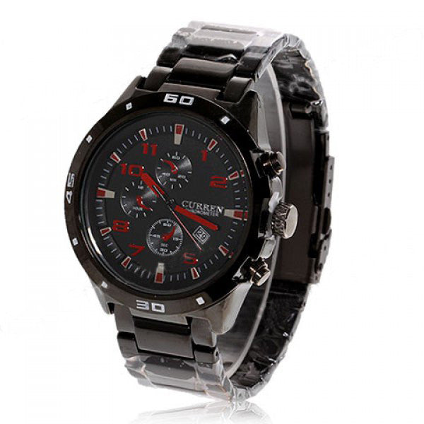 Curren Quartz Men's Black Stainless Steel Waterproof Chronograph with Red Accents (Black 4.5cm Dial) - CUR101