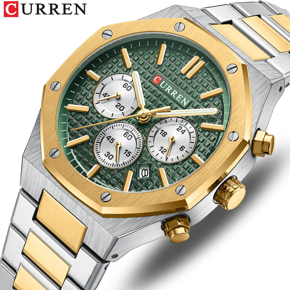 CURREN Fashion Casual Stainless Steel Band Quartz Wristwatches with Chronograph Waterproof Men's Watches