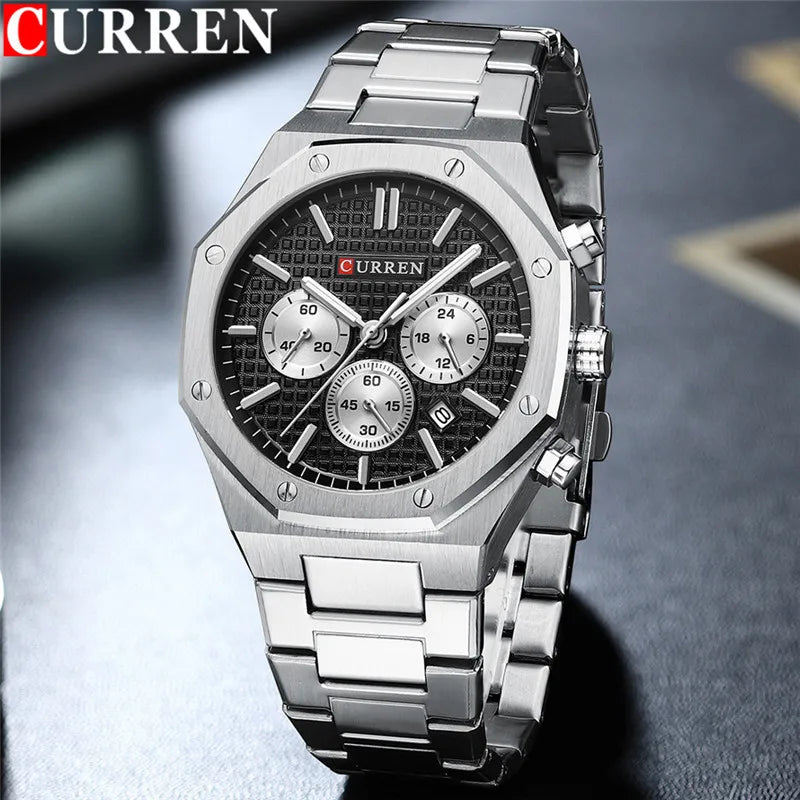 CURREN Fashion Casual Stainless Steel Band Quartz Wristwatches with Chronograph Waterproof Men's Watches