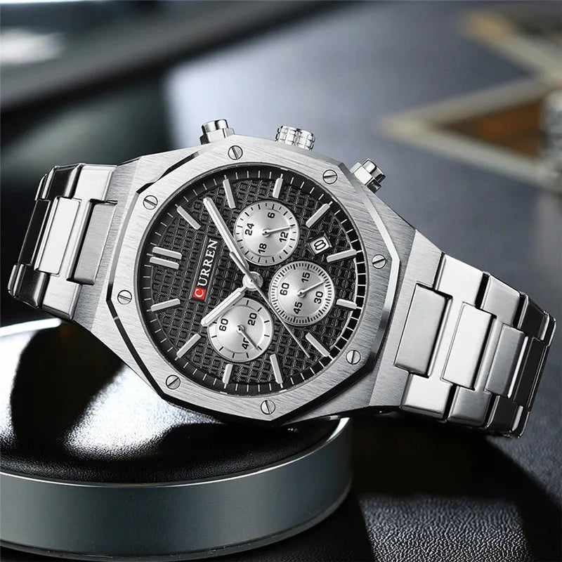 CURREN Fashion Casual Stainless Steel Band Quartz Wristwatches with Chronograph Waterproof Men's Watches