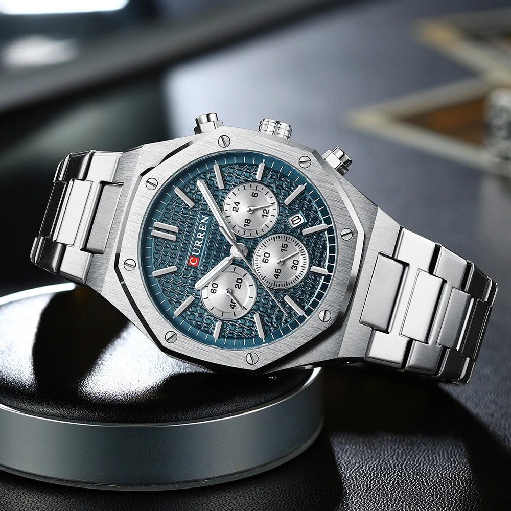 CURREN Fashion Casual Stainless Steel Band Quartz Wristwatches with Chronograph Waterproof Men's Watches