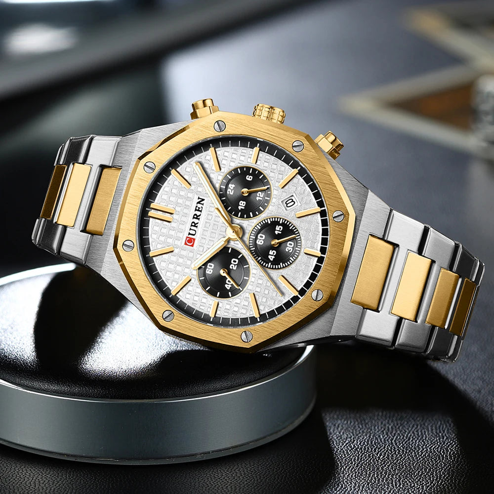 CURREN Fashion Casual Stainless Steel Band Quartz Wristwatches with Chronograph Waterproof Men's Watches