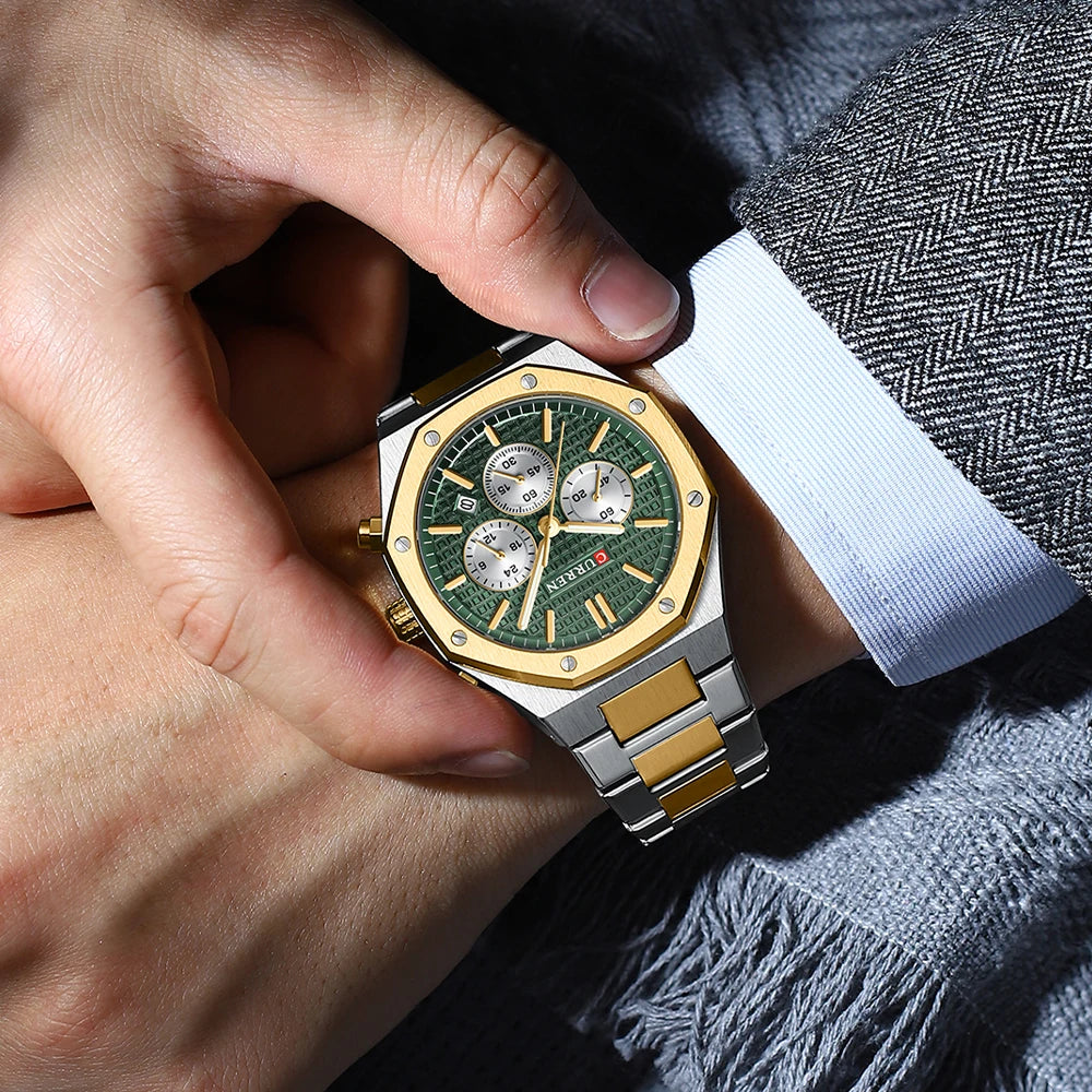CURREN Fashion Casual Stainless Steel Band Quartz Wristwatches with Chronograph Waterproof Men's Watches