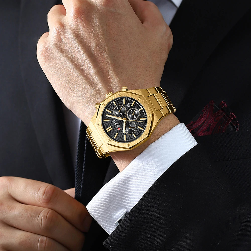 CURREN Fashion Casual Stainless Steel Band Quartz Wristwatches with Chronograph Waterproof Men's Watches