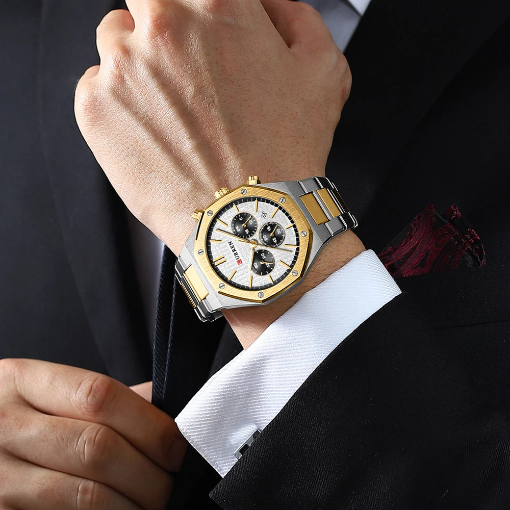 CURREN Fashion Casual Stainless Steel Band Quartz Wristwatches with Chronograph Waterproof Men's Watches