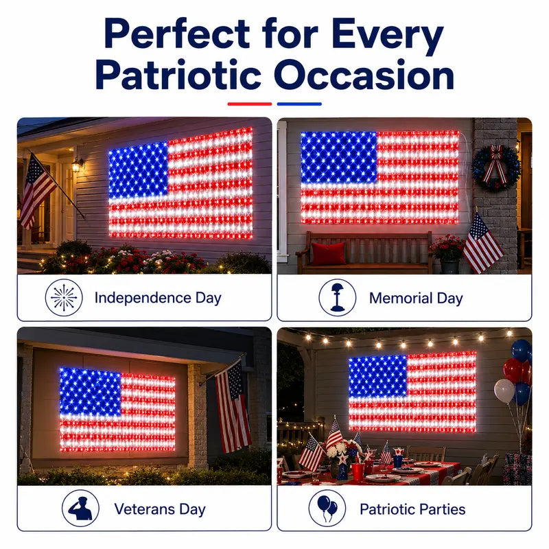 ๐บ๐ธ๐Solar American Flag Lights Outdoor American Flag Net Lights 6.5ft x 3.28ft Super Bright