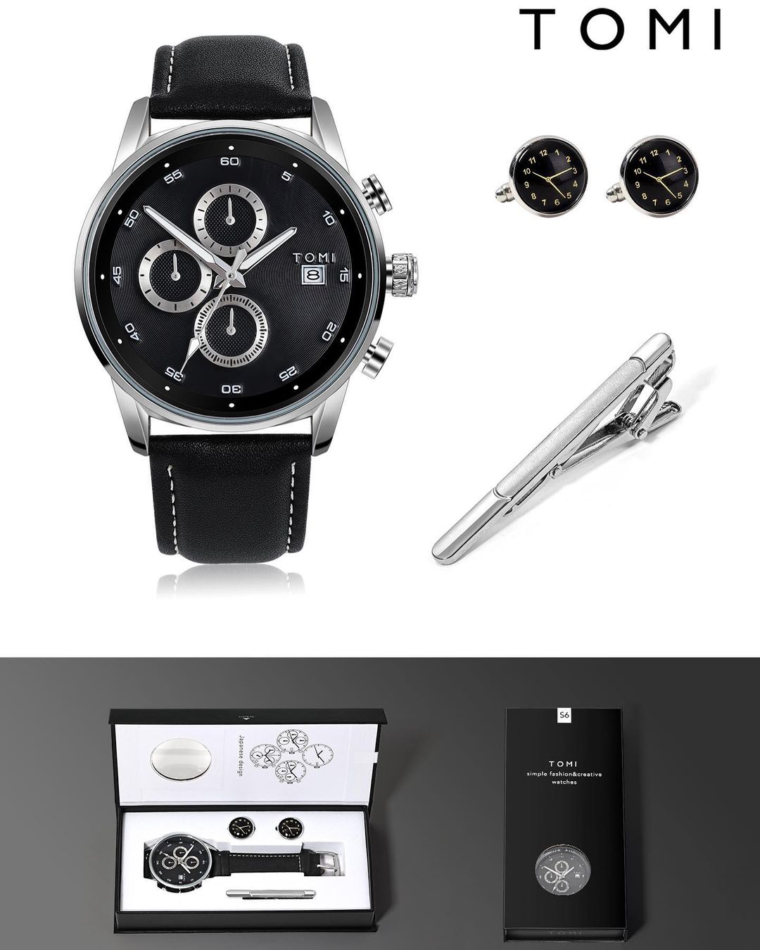 TOMI T-601 Luxury Business Chronograph Watch Tie Pin Cufflinks