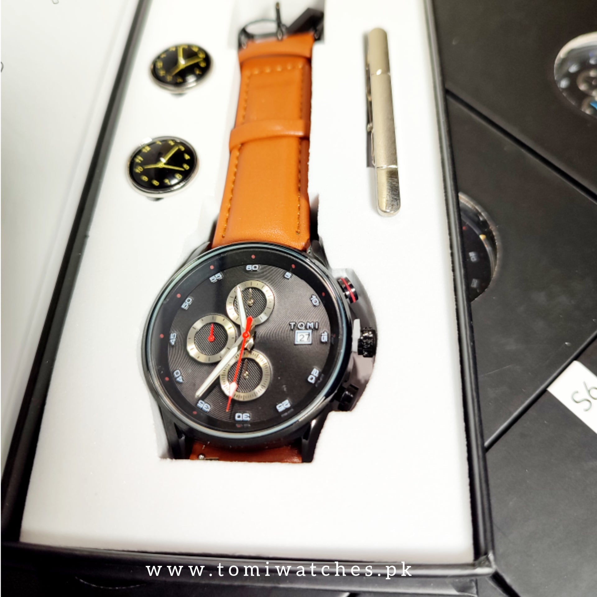 TOMI T-601 Luxury Business Chronograph Watch Tie Pin Cufflinks