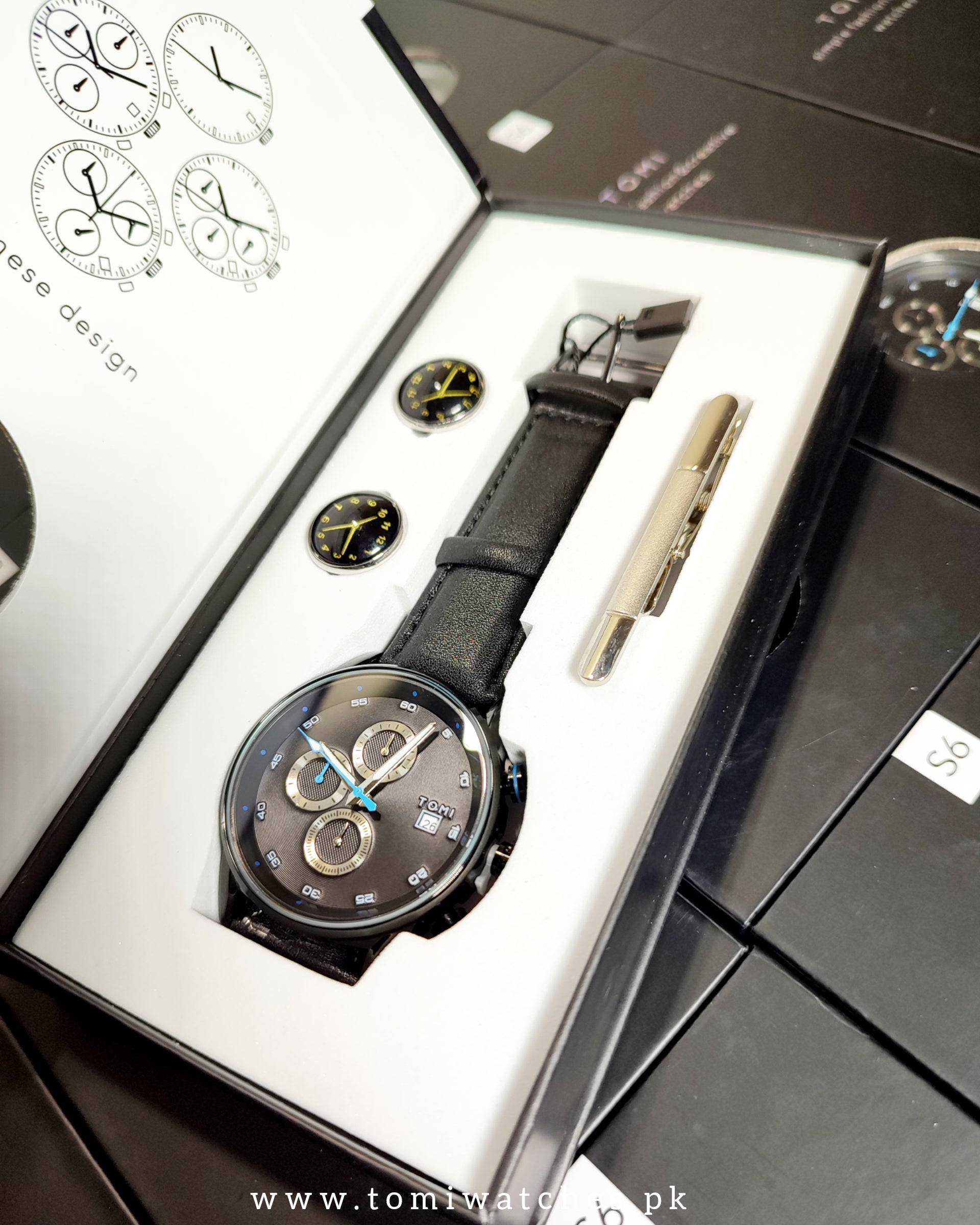 TOMI T-601 Luxury Business Chronograph Watch Tie Pin Cufflinks