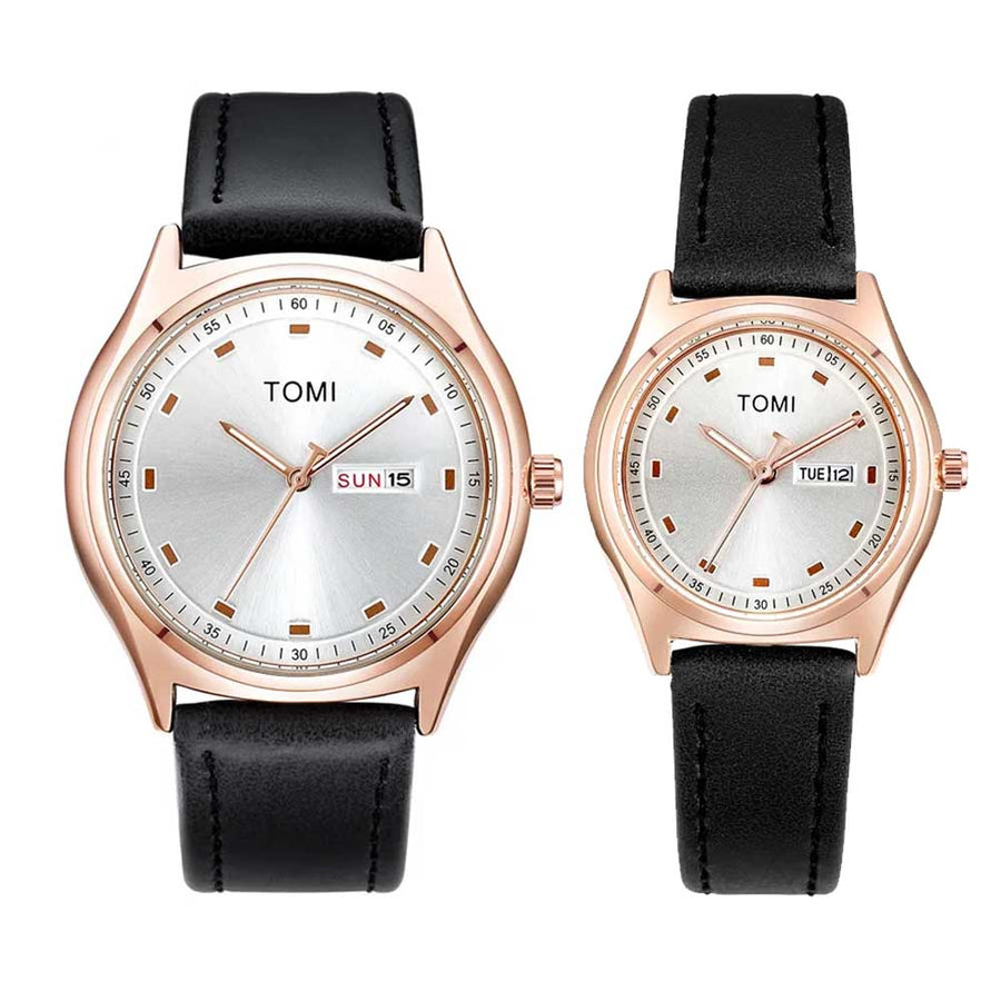 TOMI T-030 Couple Watch Date Day Leather Straps