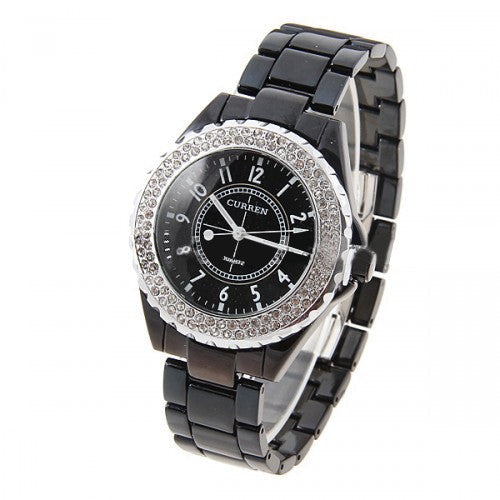 Curren Quartz Men's Black Waterproof Watch with Rhinestone Accents (Black 4.5cm Dial) - CUR052