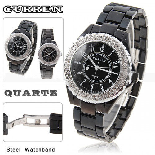 Curren Quartz Men's Black Waterproof Watch with Rhinestone Accents (Black 4.5cm Dial) - CUR052