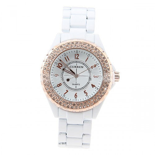 Curren Men's White Stainless Steel Waterproof Watch with Rhinestone Accents (White 4.5cm Dial) - CUR053