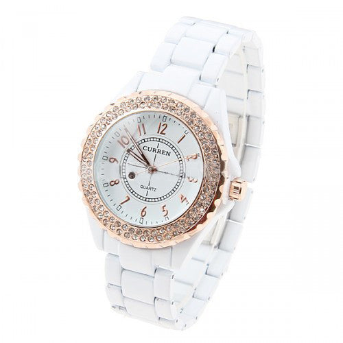 Curren Men's White Stainless Steel Waterproof Watch with Rhinestone Accents (White 4.5cm Dial) - CUR053