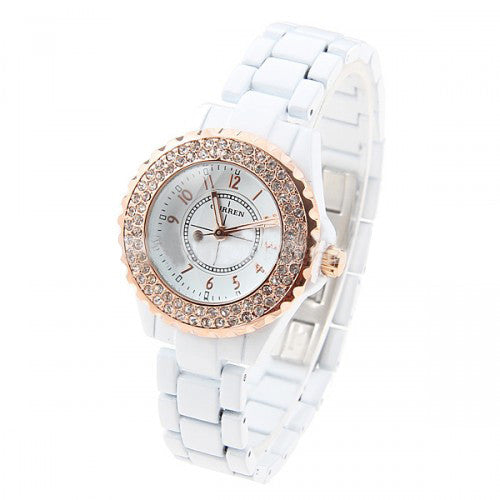 Curren Lovers' White Stainless Steel Waterproof Watch Set with Rhinestone Accents - CUR055