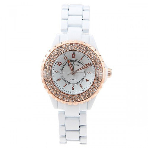 Curren Lovers' White Stainless Steel Waterproof Watch Set with Rhinestone Accents - CUR055