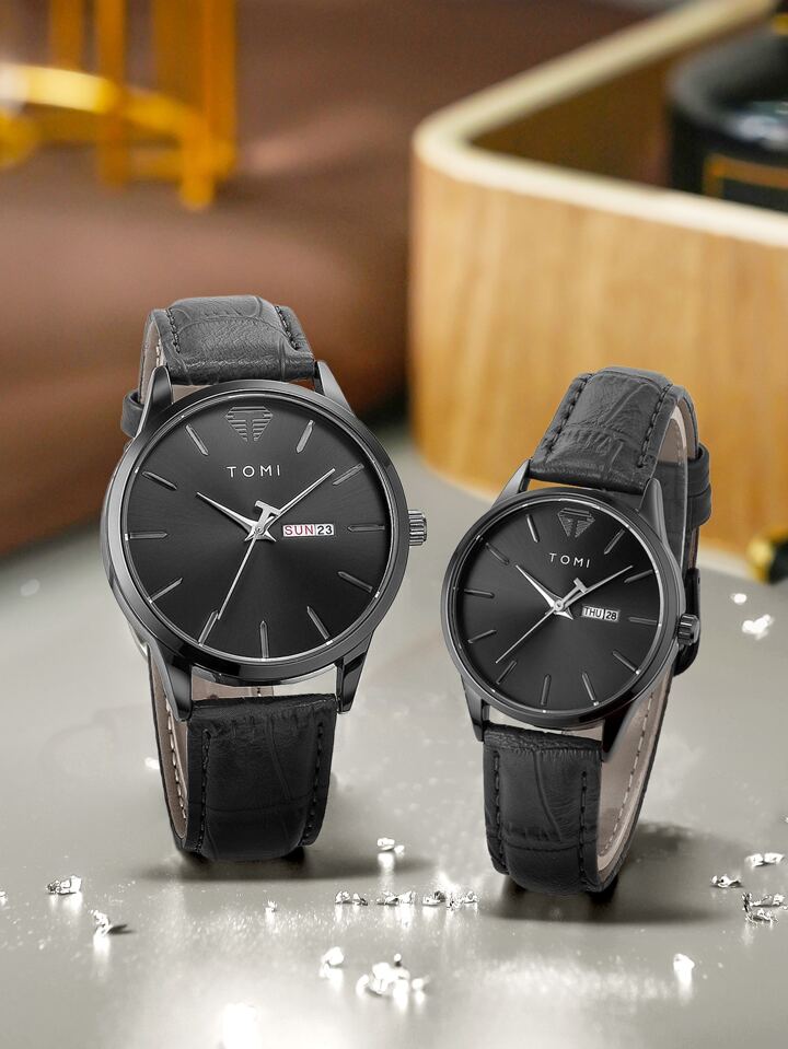 TOMI T-045 Couple Watch Date Day Quartz Leather Straps