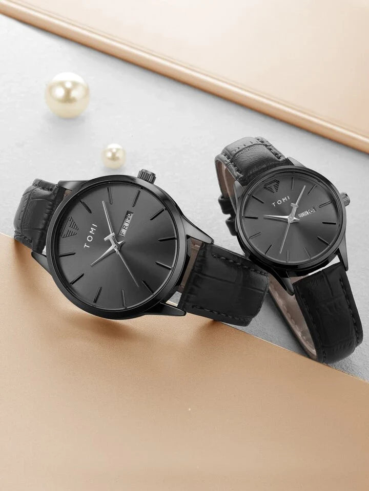 TOMI T-045 Couple Watch Date Day Quartz Leather Straps