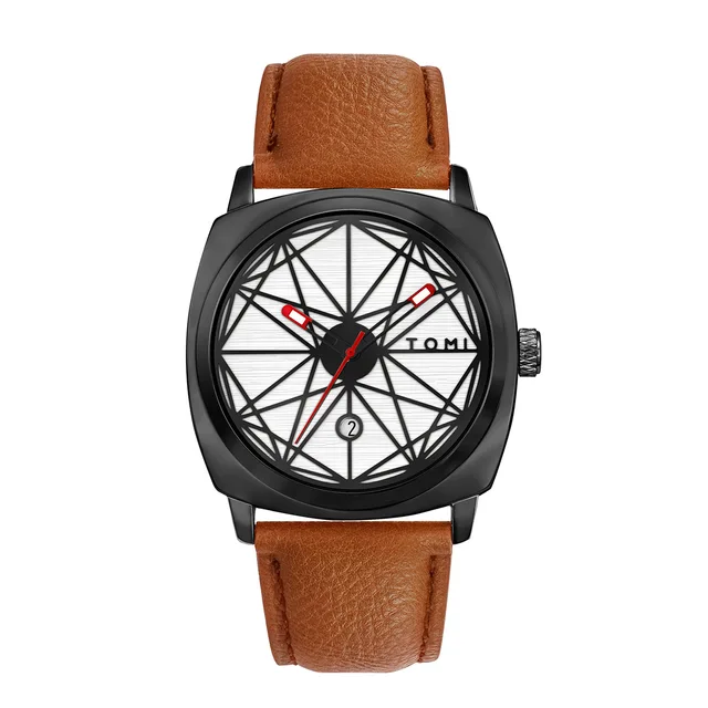 TOMI T-112 Men's Watch Date Quartz Square Dial Leather Straps