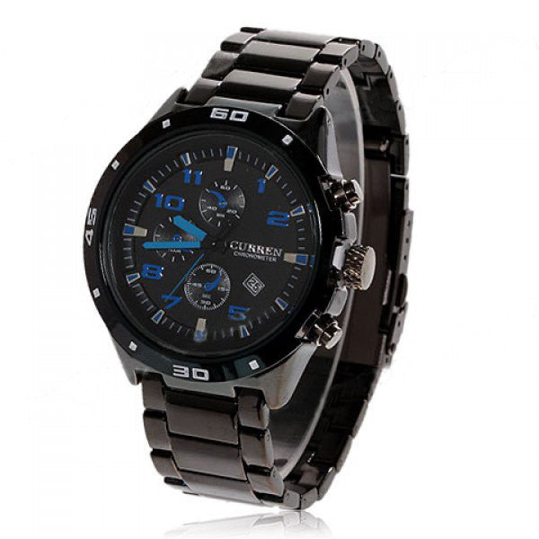 Curren Quartz Men's Black Stainless Steel Waterproof Chronograph with Cobalt Markings (Black 4.5cm Dial) - CUR104