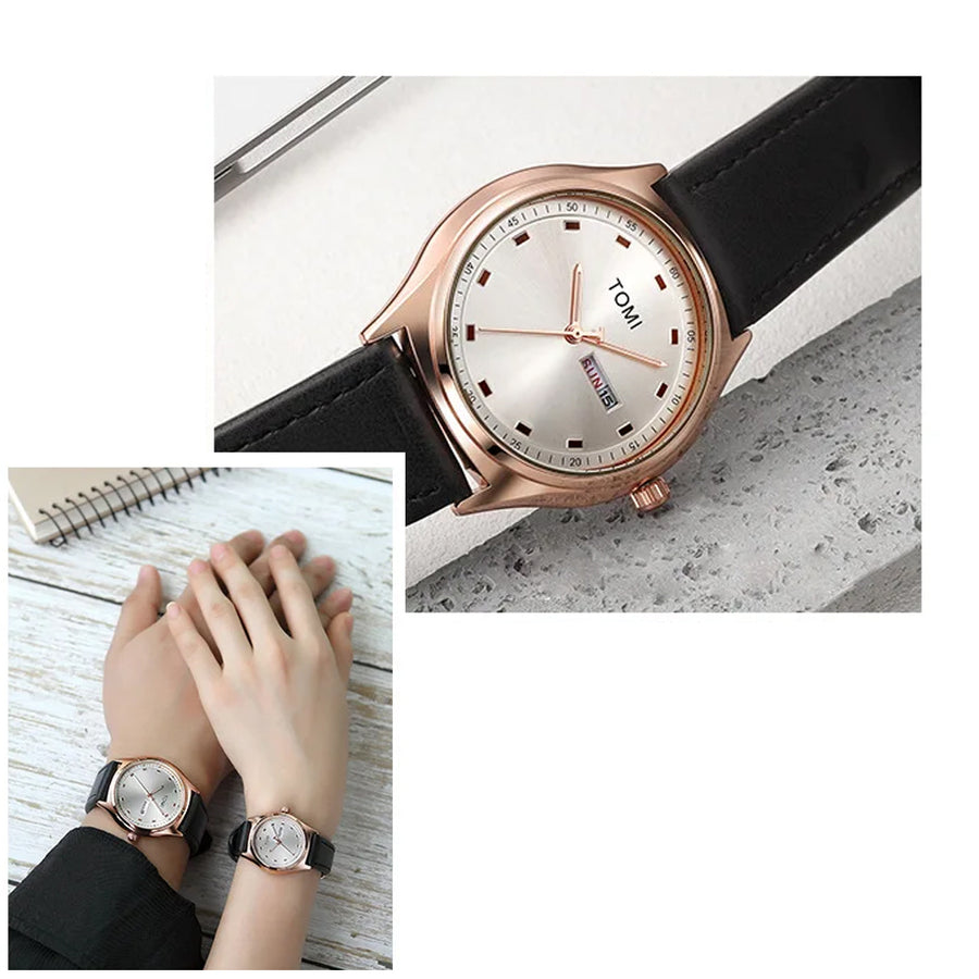 TOMI T-030 Couple Watch Date Day Leather Straps