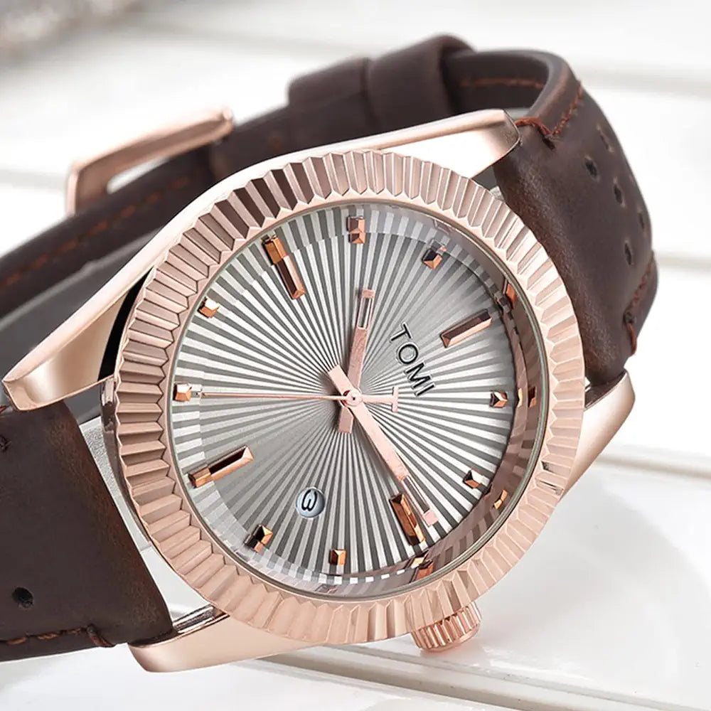 TOMI T-098 Men's Watch Date Quartz Round Shape Dial Leather Straps