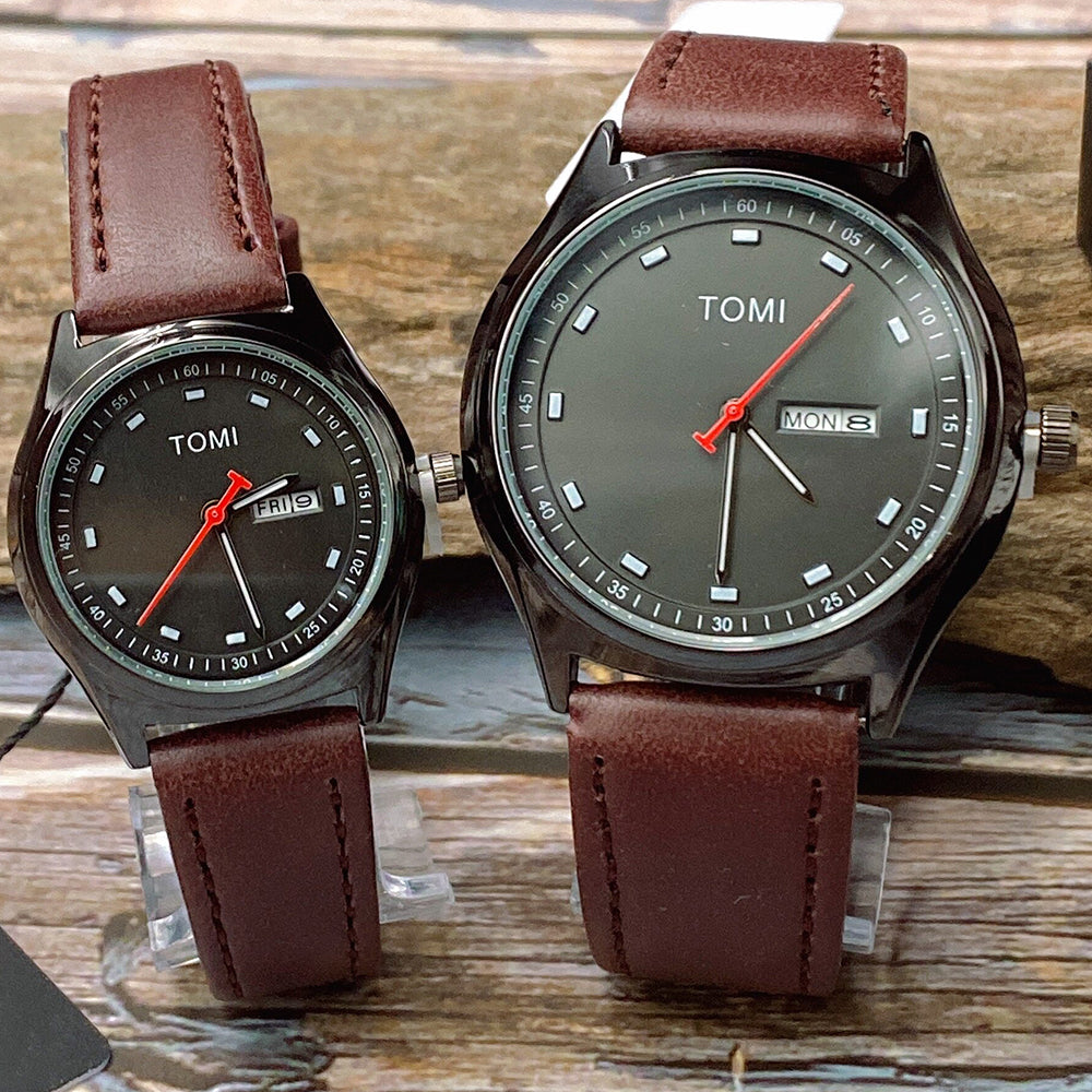 TOMI T-030 Couple Watch Date Day Leather Straps