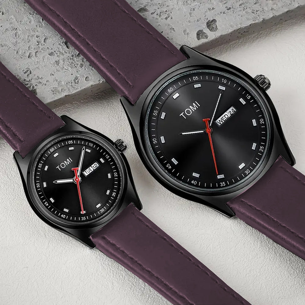 TOMI T-030 Couple Watch Date Day Leather Straps