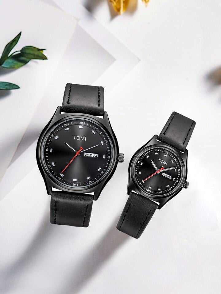 TOMI T-030 Couple Watch Date Day Leather Straps