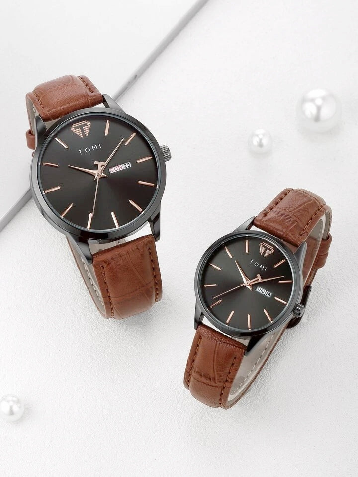 TOMI T-045 Couple Watch Date Day Quartz Leather Straps