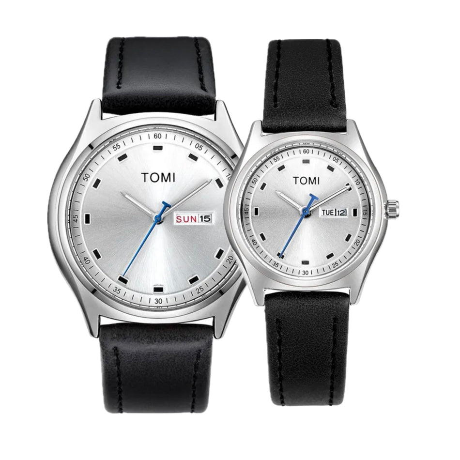 TOMI T-030 Couple Watch Date Day Leather Straps