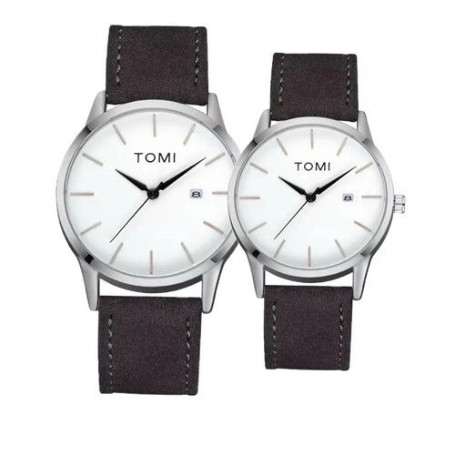 TOMI T-071 Couple Watch Date Quartz Leather Strapa