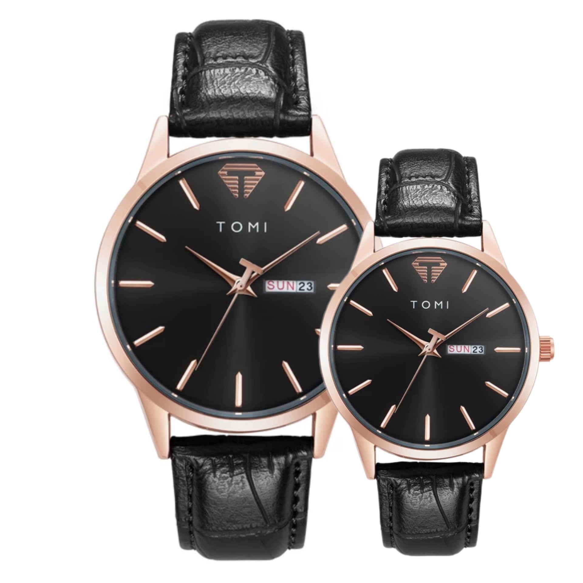 TOMI T-045 Couple Watch Date Day Quartz Leather Straps