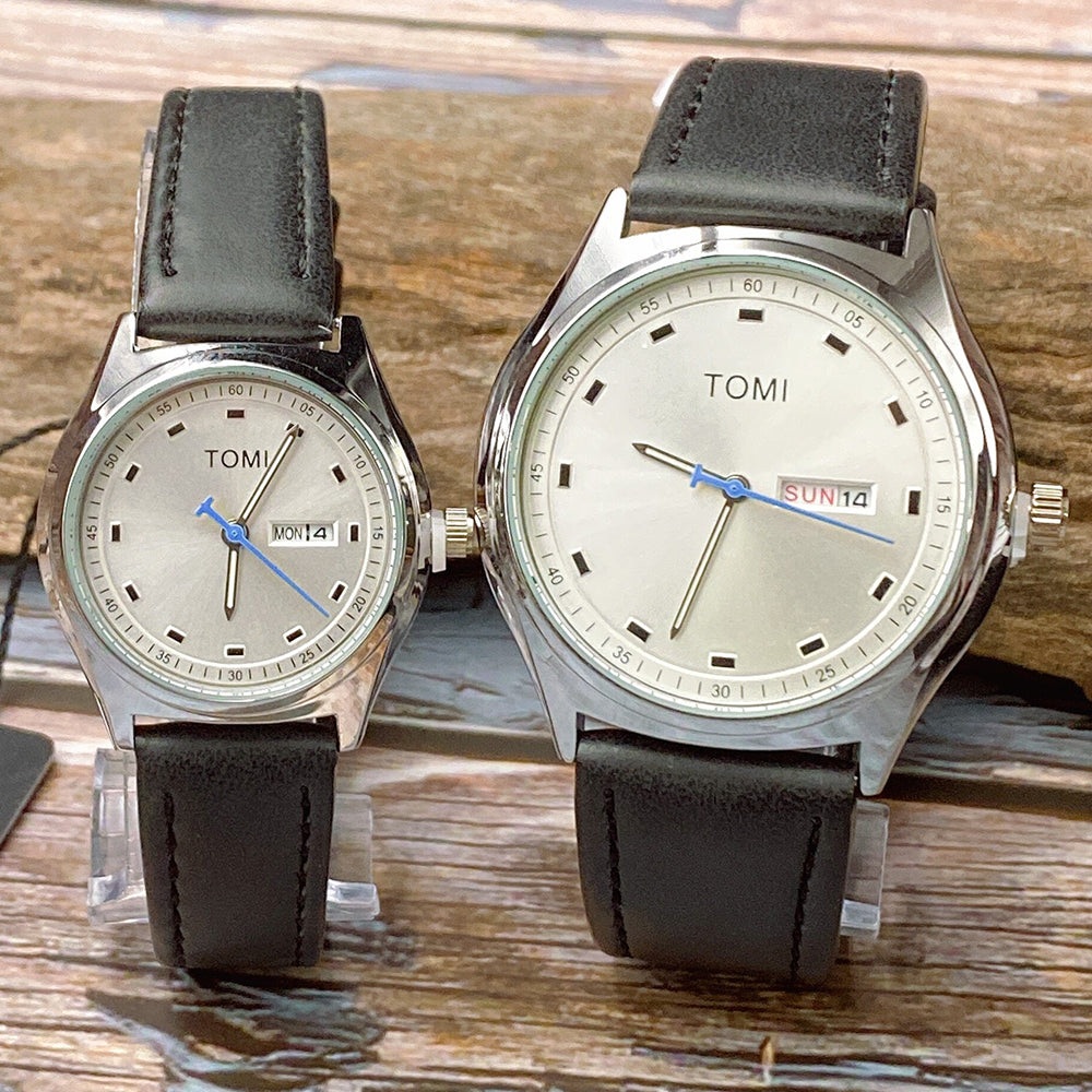 TOMI T-030 Couple Watch Date Day Leather Straps