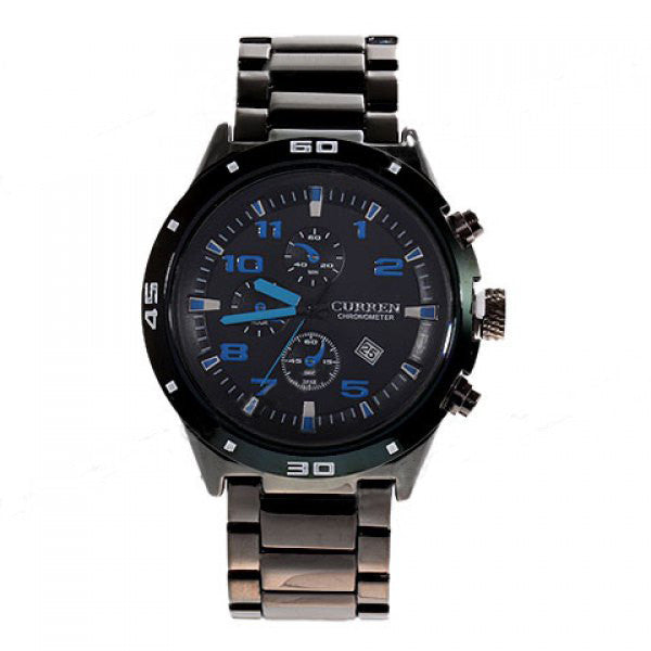 Curren Quartz Men's Black Stainless Steel Waterproof Chronograph with Cobalt Markings (Black 4.5cm Dial) - CUR104