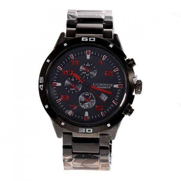 Curren Quartz Men's  Black Stainless Steel Waterproof Chronograph with Red Accents (Black 4.5cm Dial) - CUR101