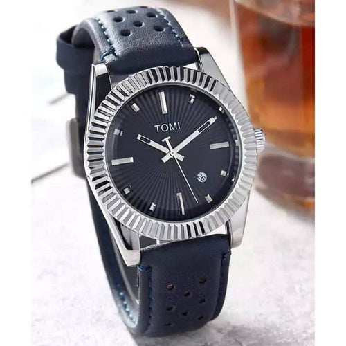 TOMI T-098 Men's Watch Date Quartz Round Shape Dial Leather Straps