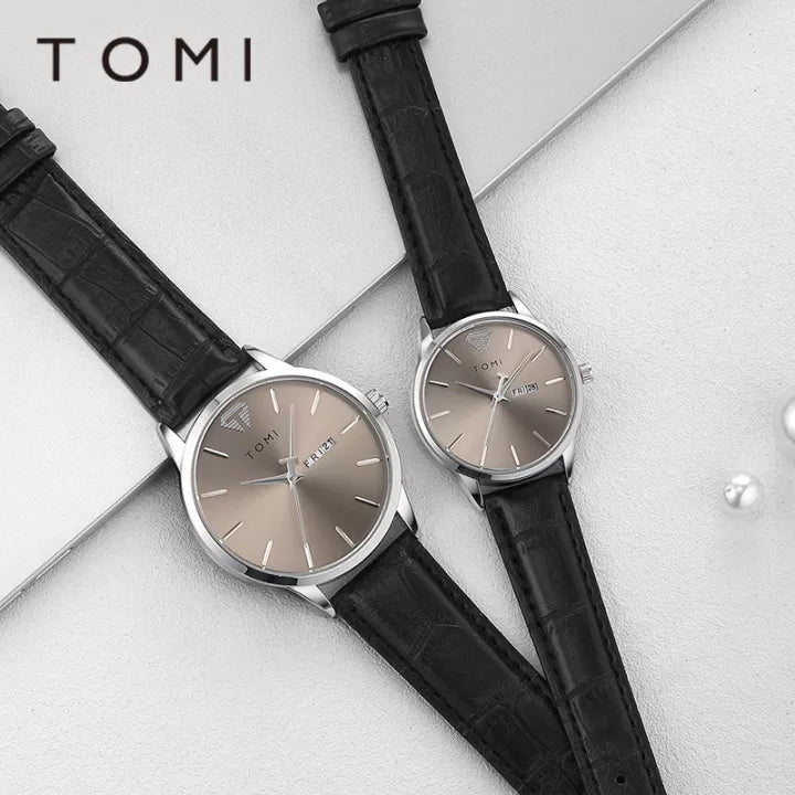 TOMI T-045 Couple Watch Date Day Quartz Leather Straps