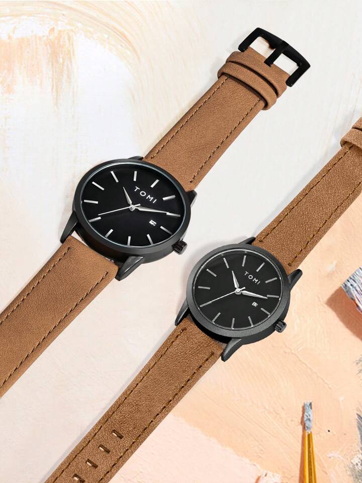 TOMI T-071 Couple Watch Date Quartz Leather Strapa