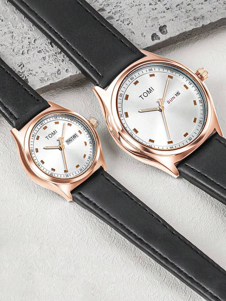 TOMI T-030 Couple Watch Date Day Leather Straps