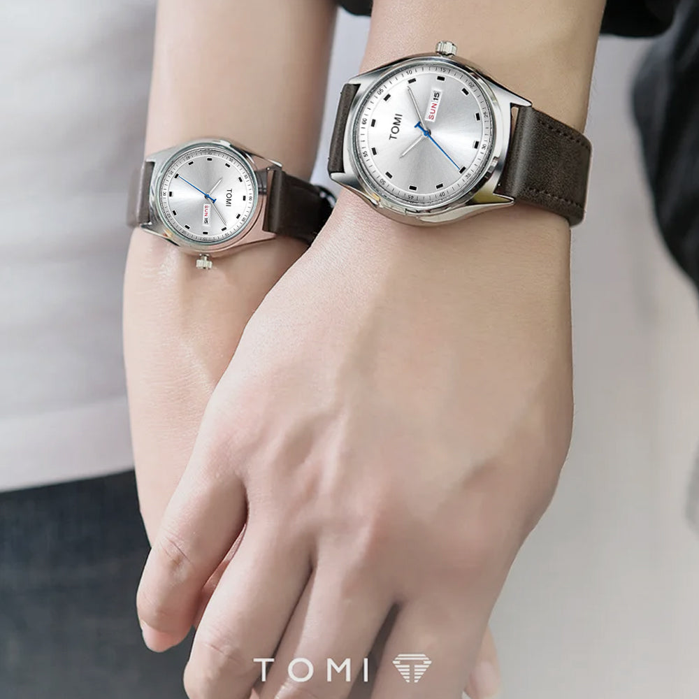 TOMI T-030 Couple Watch Date Day Leather Straps