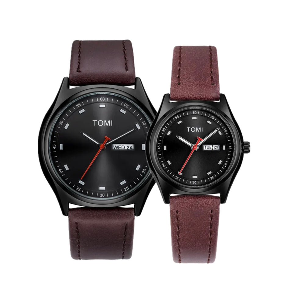 TOMI T-030 Couple Watch Date Day Leather Straps